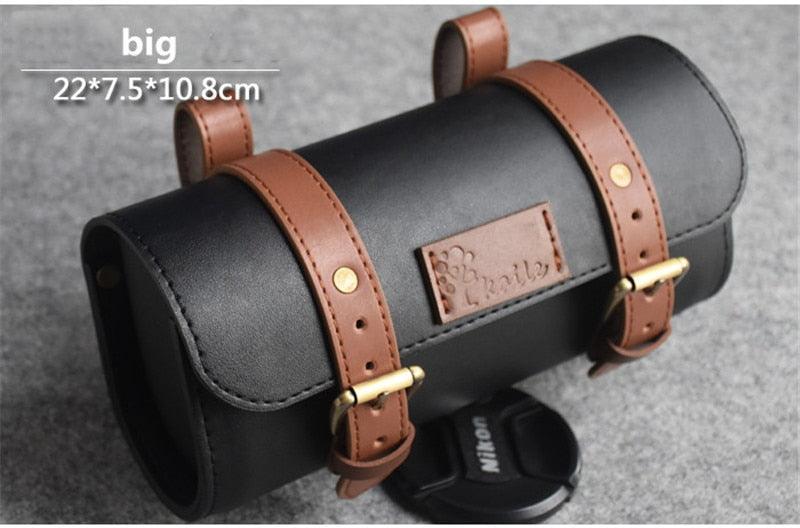 Black Bicycle bag handmade leather rainproof riding bag handlebar saddle bag fit brompton road bike MTB PU leather tool bag - Pogo Cycles