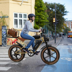 A women riding JANSNO X70 Adult E-Bike with 65 Nm Motor, 120 miles of range,48V/34Ah Newly Upgraded Dual Battery, 20’ x 4.0 All Terrain Wide Tyre E-Bike with Unlockable Multiple Performance Modes,CE certification - Pogo Cycles
