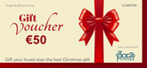 Pogo Cycles €50 Christmas gift voucher with red bow on cream background, e-bike store branding.