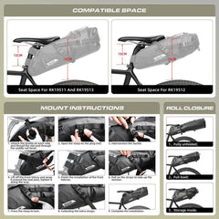 Rhinowalk Bike Waterproof Bicycle Saddle Bag Reflective Large Capacity Foldable Tail Rear Bag Cycling MTB Trunk Pannier Black - Pogo Cycles