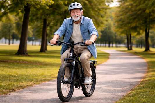 Smiling senior man riding electric bike in park, Pogo Cycles e-bike for adults