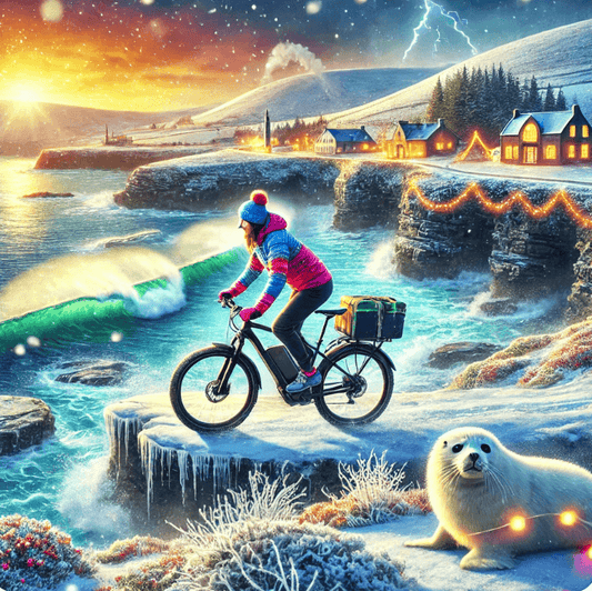 Woman rides electric bike by winter coast, festive village lights, seal nearby, Pogo Cycles
