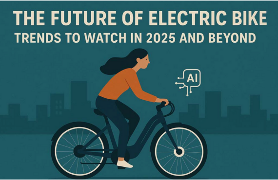 Woman riding an electric bike with AI icon, future e-bike trends 2025, Pogo Cycles