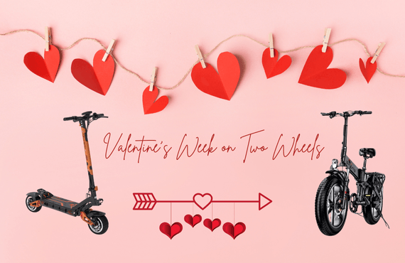 Black electric scooter and black folding electric bike, front and side view, on pink background with red paper hearts