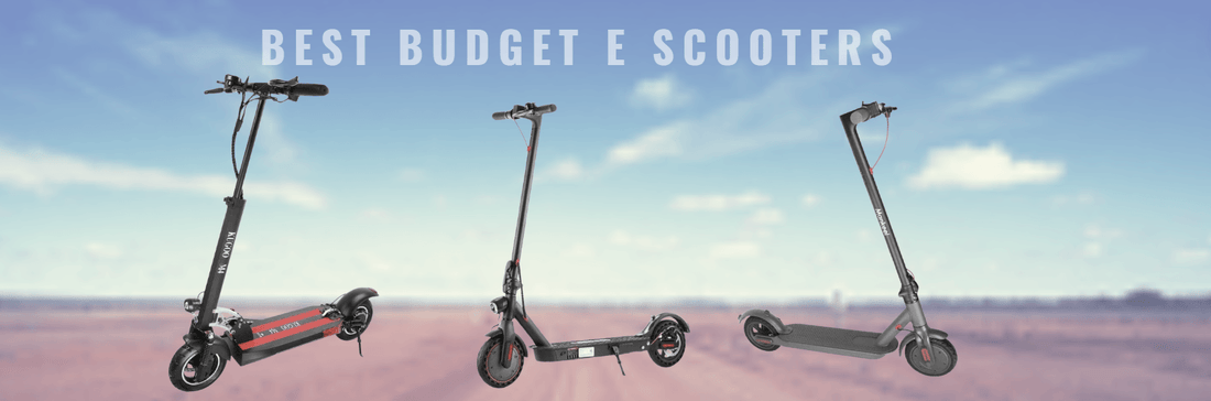 Three electric scooters, including Kugoo and Monorim models, side view on open landscape background
