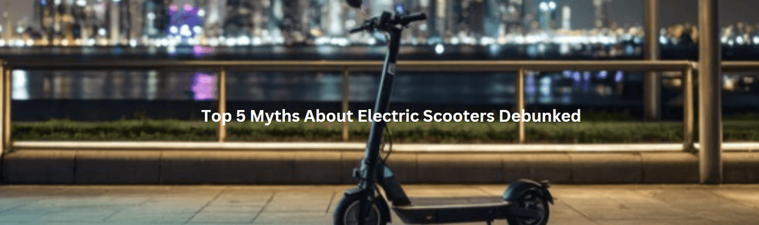 Black electric scooter side view on city sidewalk at night with skyline background