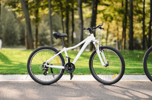 white electric bike side view on park path with trees in background