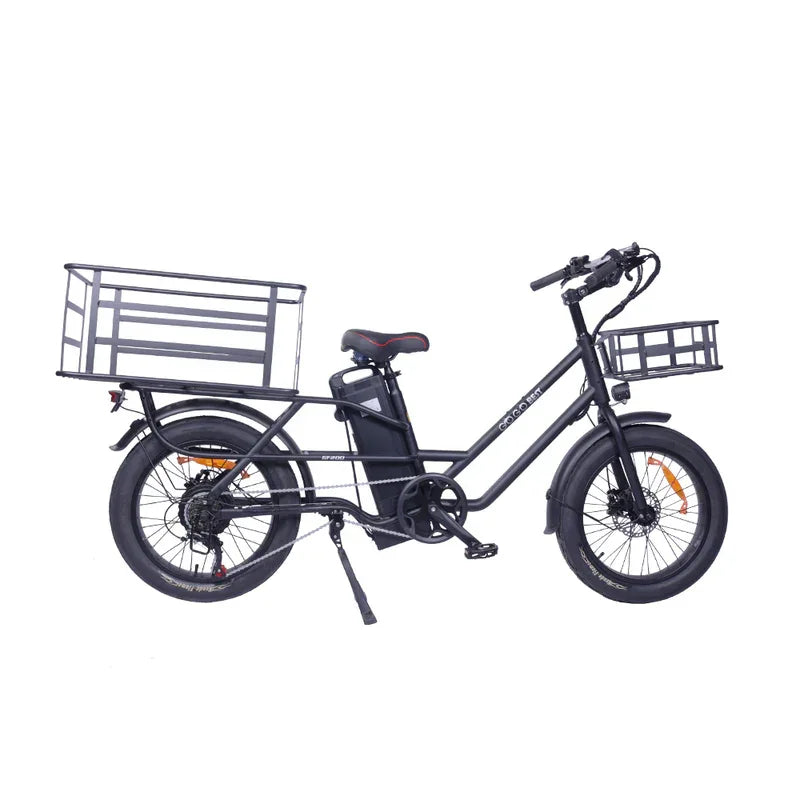 Black electric bike with cargo baskets on a white background