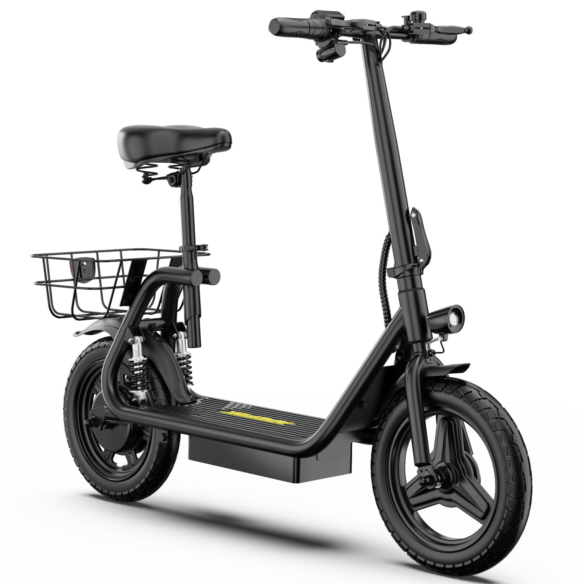 A APEFOX C14 Electric Scooter in black  with a rear cargo basket, black seat, and front headlight, shown on a clean white background.