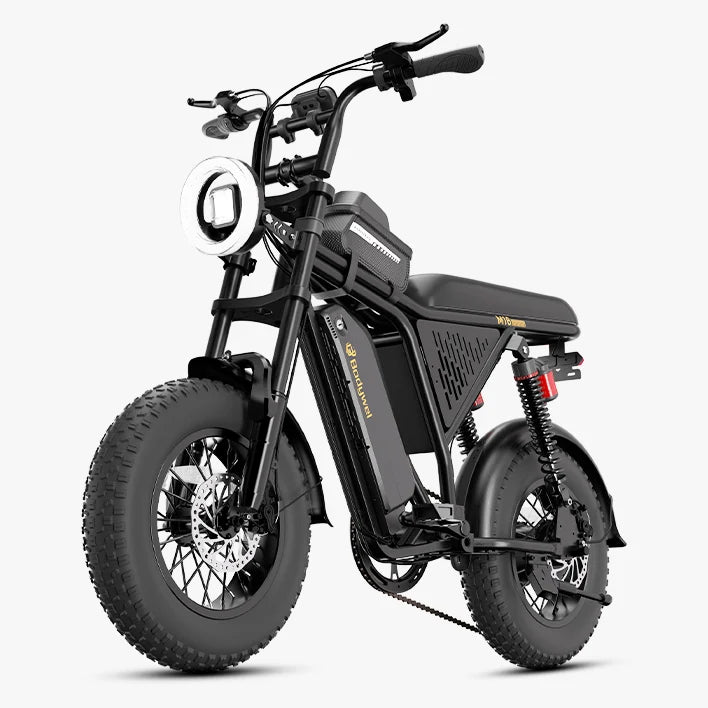 A black bodywel M16 electric dirt bike with a circular headlight, rugged tires, and a sleek body, shown from a three-quarters angle on a light gray background.