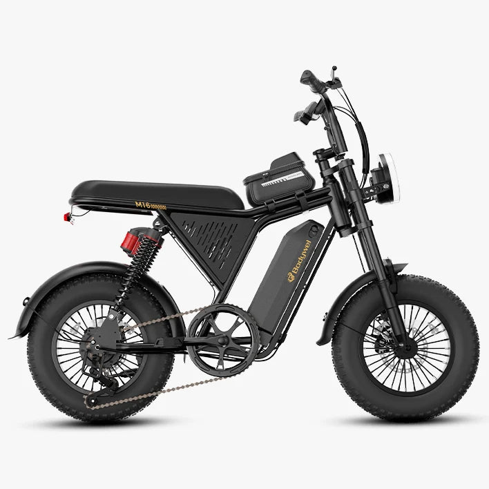 A black Bodywel  M16 Pro electric fat-tire motorcycle with gold branding, a rear suspension spring, and a black battery pack mounted on the frame, shown against a light gray background.