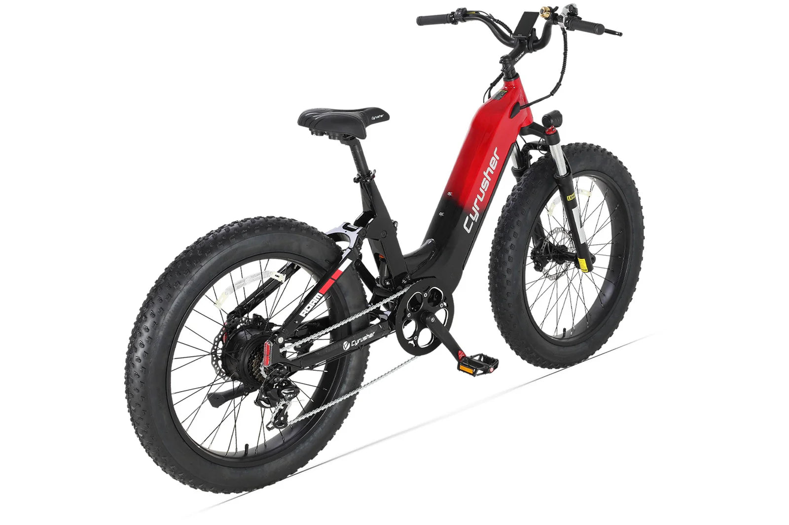 Red and black Cyrusher Roam Step-Thru Electric Bike on a white background