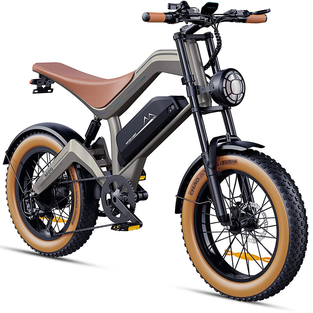 DYU M20 All-Terrain Long-Range Electric Bike with brown tires on a white background - Pogo Cycles, Ireland