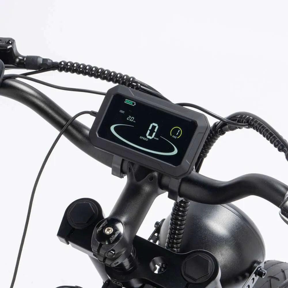 Digital display on a YVY C20 Max Electric bicycle handlebar with a white background