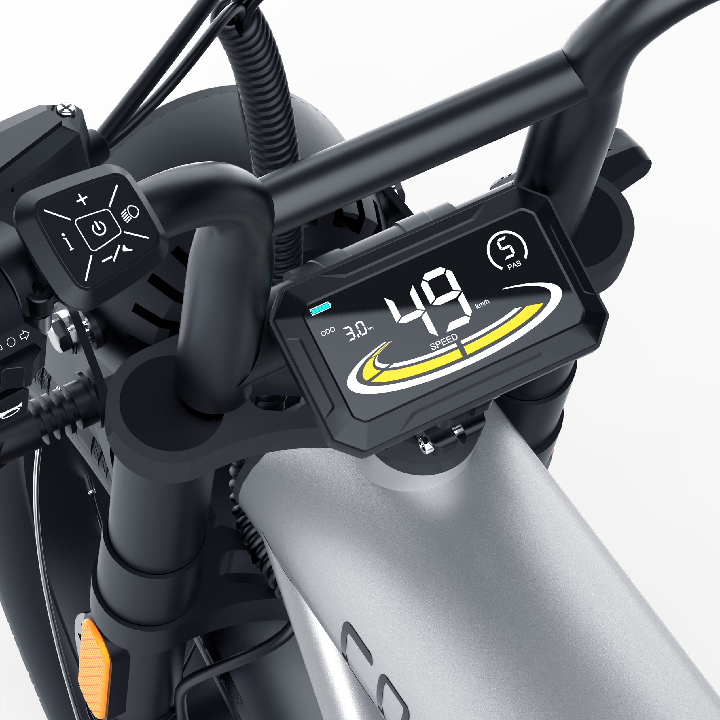 Close-up of a Coswheel CT20 2.0 Cargo Electric motorcycle handlebar with digital speedometer display on a white background