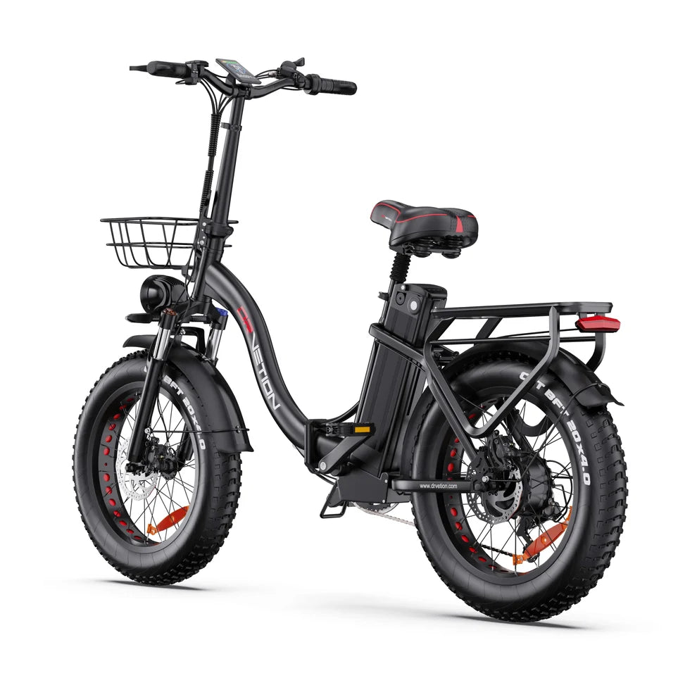Back side of Drvetion CT20 PRO MAX Electric Bike in black with a basket on a white background
