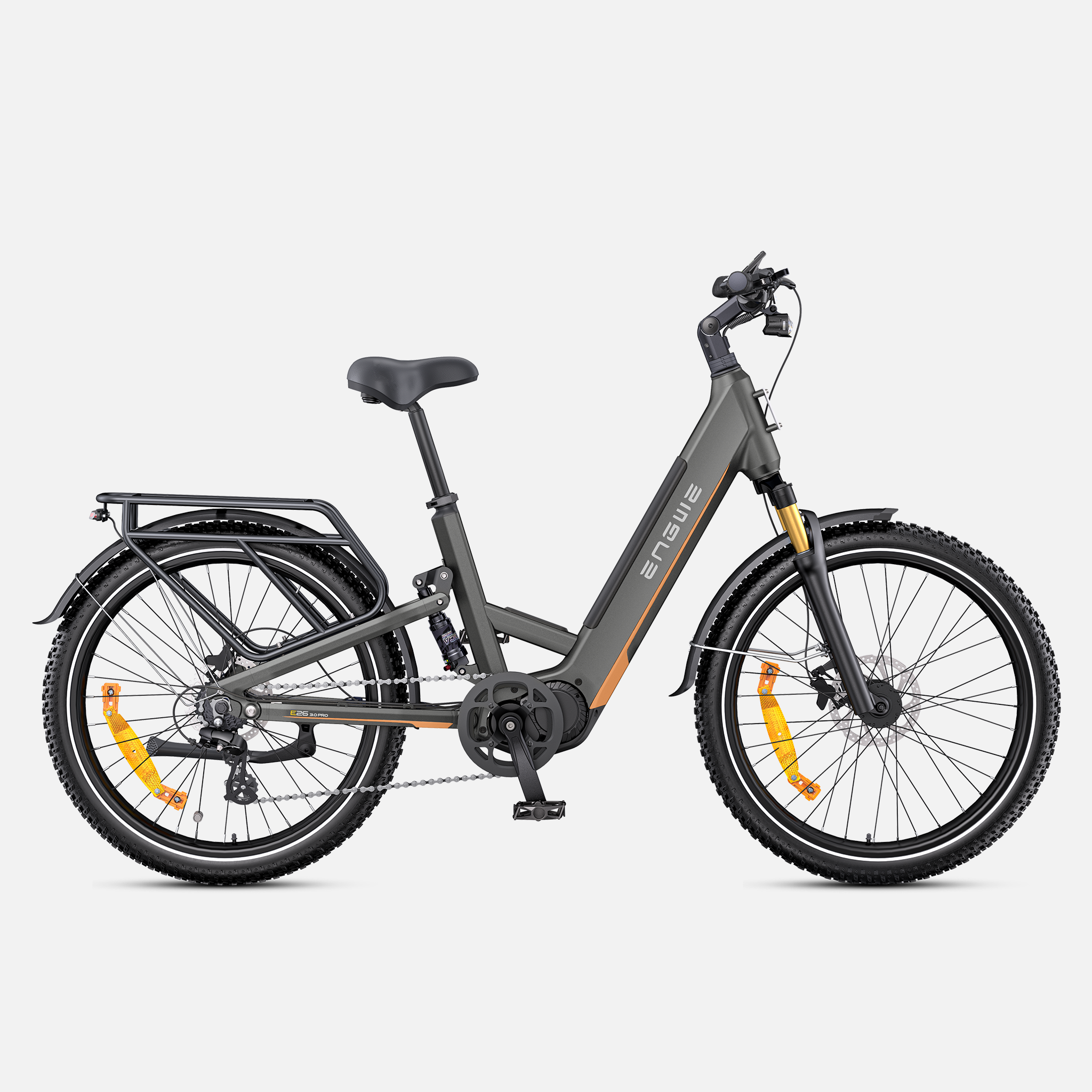 A dark gray step-through ENGWE E26 3.0 Pro Electric bicycle with orange accents on the frame and wheels, shown from a side profile against a light gray background.