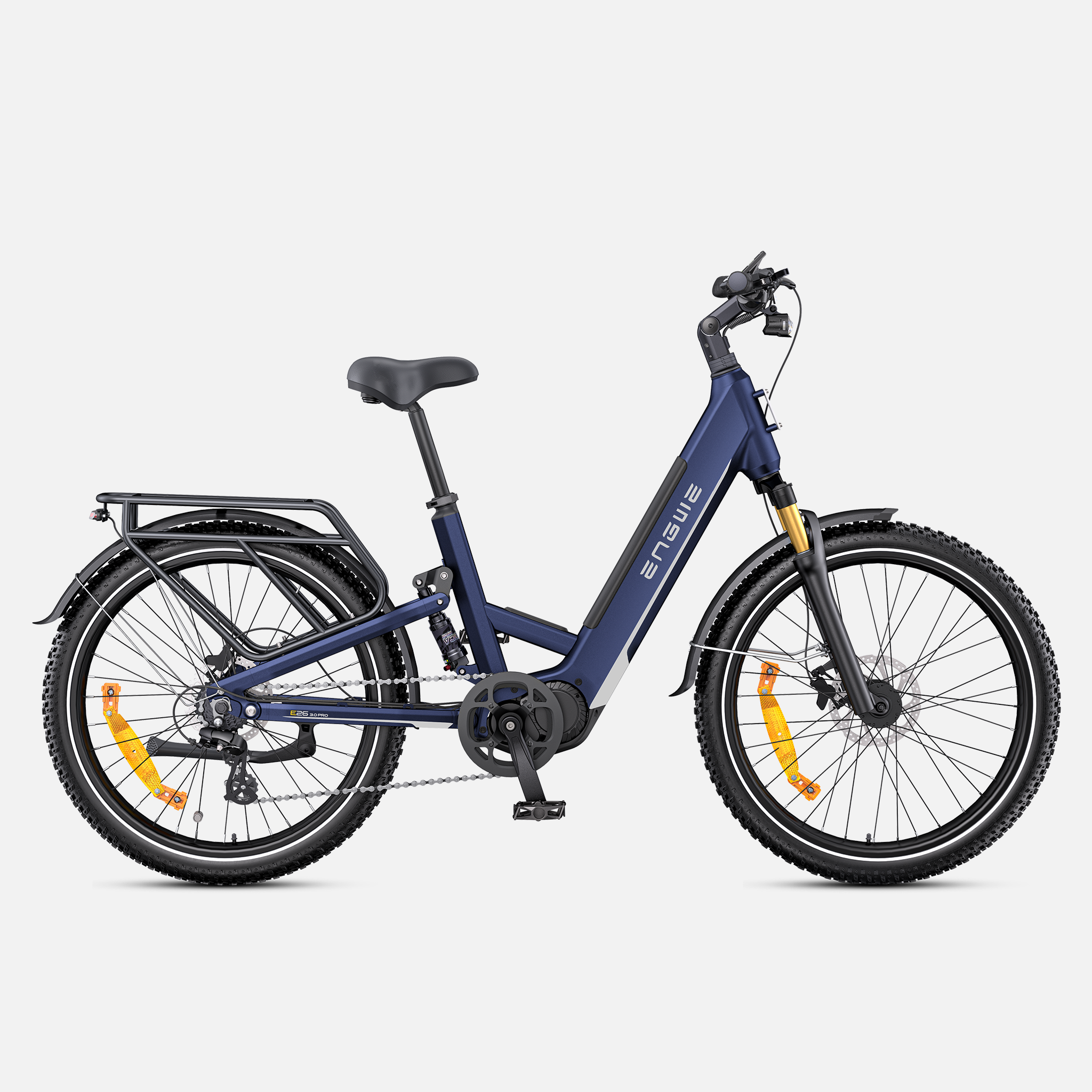 A navy blue ENGWE E26 3.0 Pro electric bicycle with black tires, a black saddle, and small orange reflectors on the wheels, shown from a side profile against a light gray background.