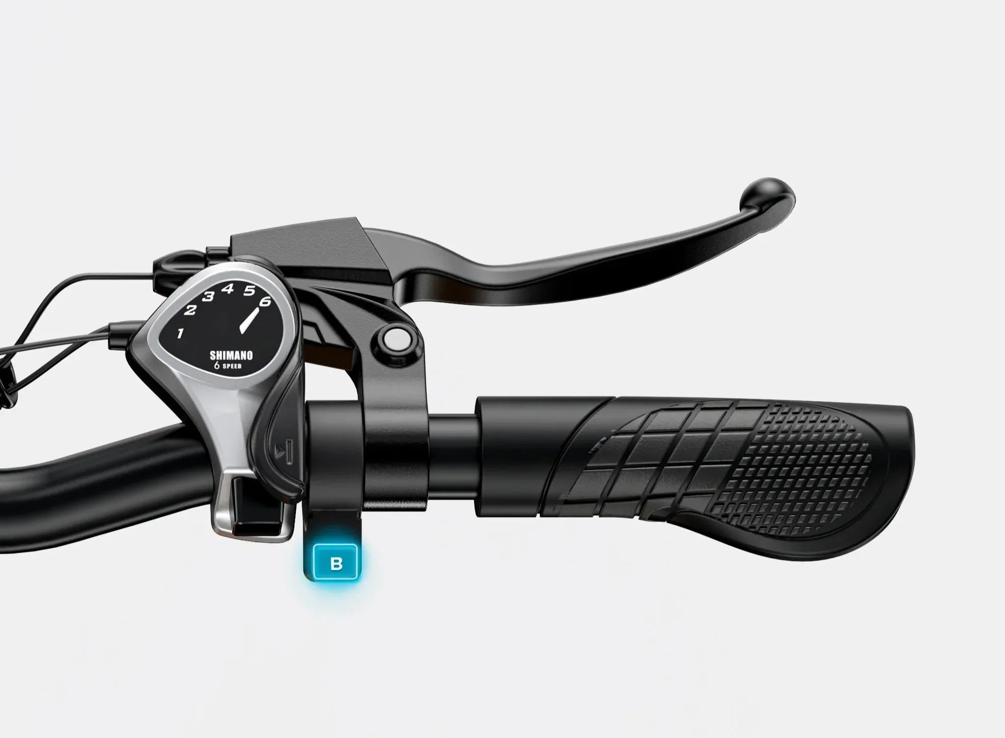 Close-up of a Engwe EP-2 Boost Electric Bike handlebar with Shimano components on a white background
