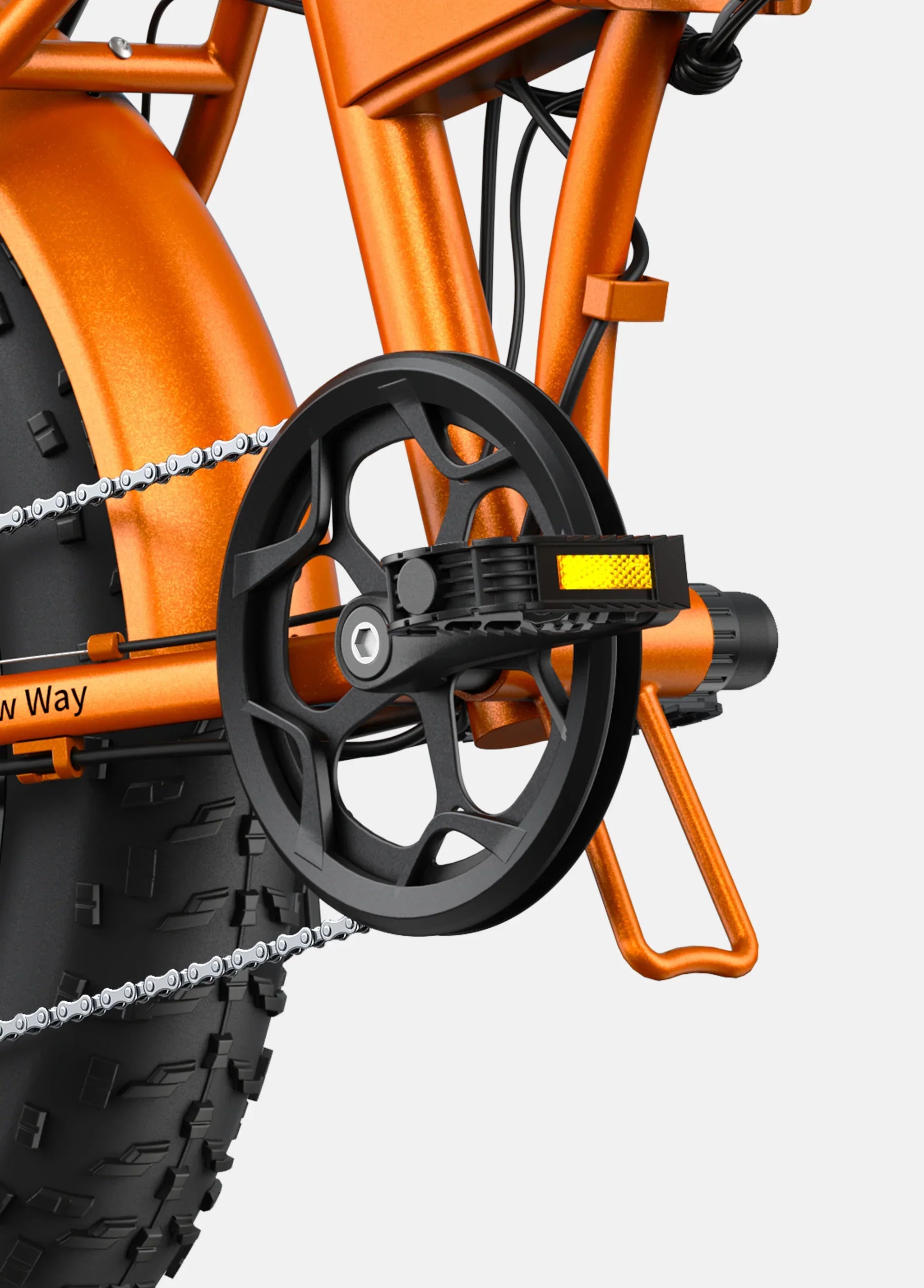 Close-up of an orange Engwe EP-2 Boost Electric Bike with a chain and gear system on a white background