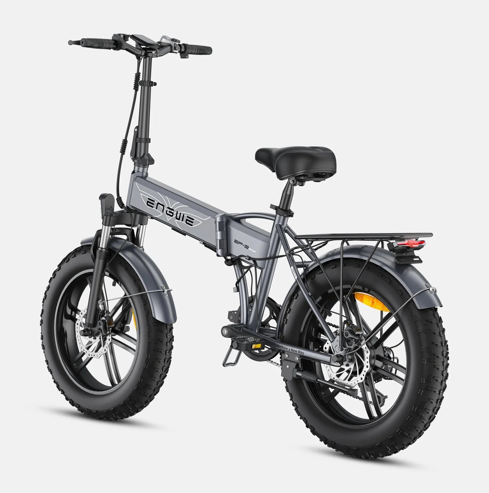 Gray Engwe EP-2 Boost Electric Bike with black seat on a white background