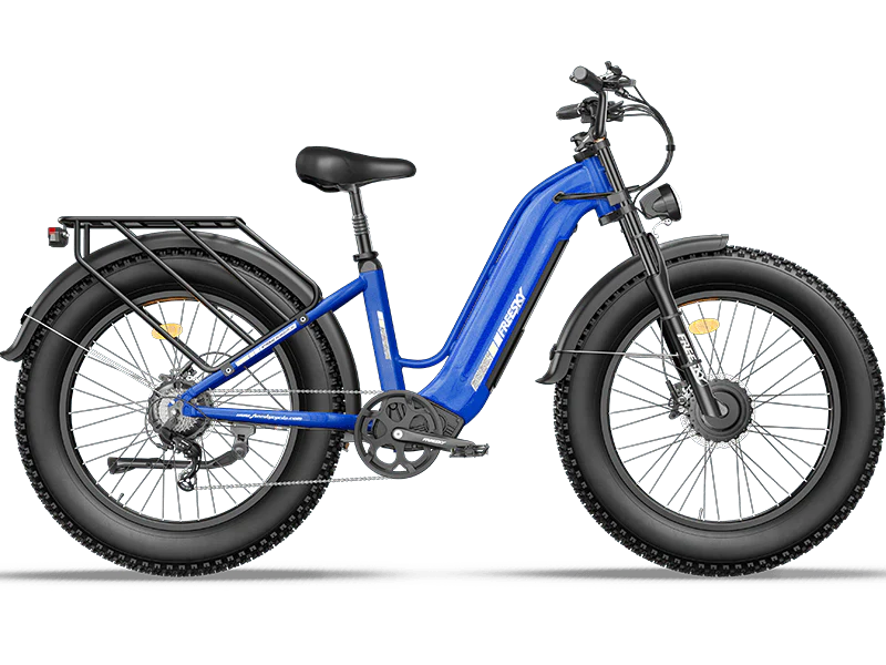 Freesky Ranger M-540 Dual-Motor Step-Thru Ebike in Blue electric bike on a white background