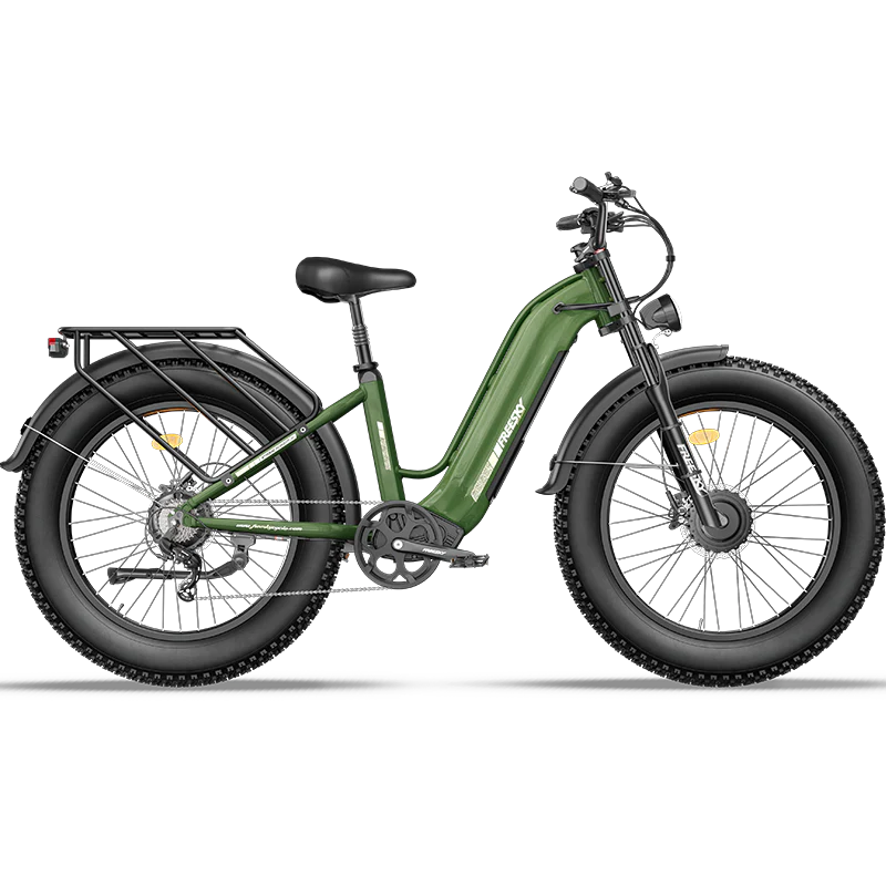Freesky Ranger M-540 Dual-Motor Step-Thru Ebike in green on a white background