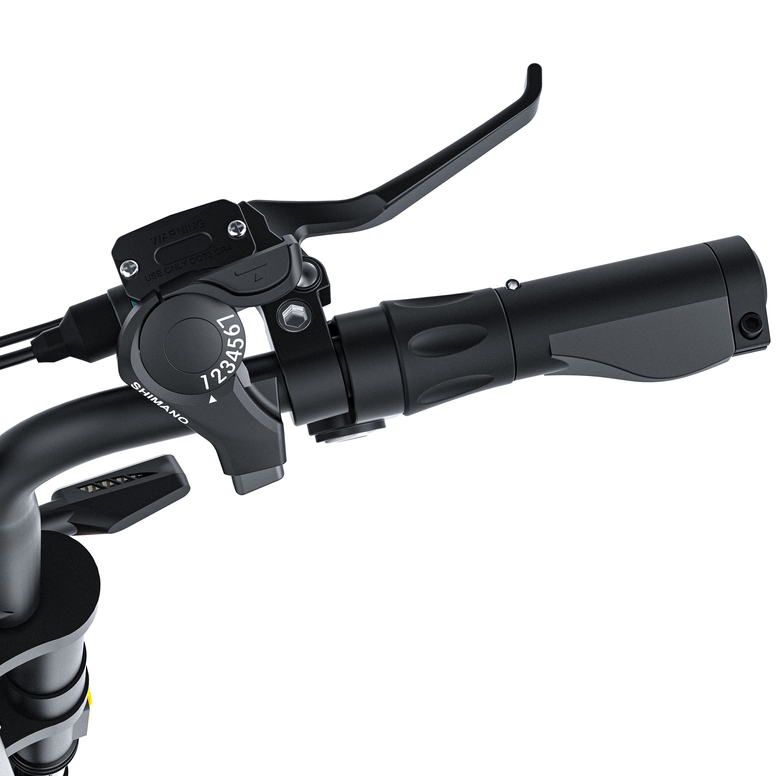 Close-up of a Coswheel CT20 2.0 Cargo Electric bicycle handlebar with Shimano components on a white background