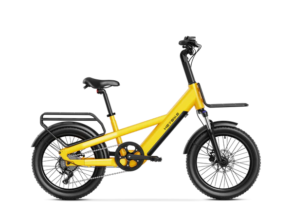 Yellow Heybike EC Compact Sport Electric Cycle with black details on a white background