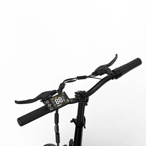 Close-up of a KOOLUX X10 Electric Bike handlebar with control panel on a white background
