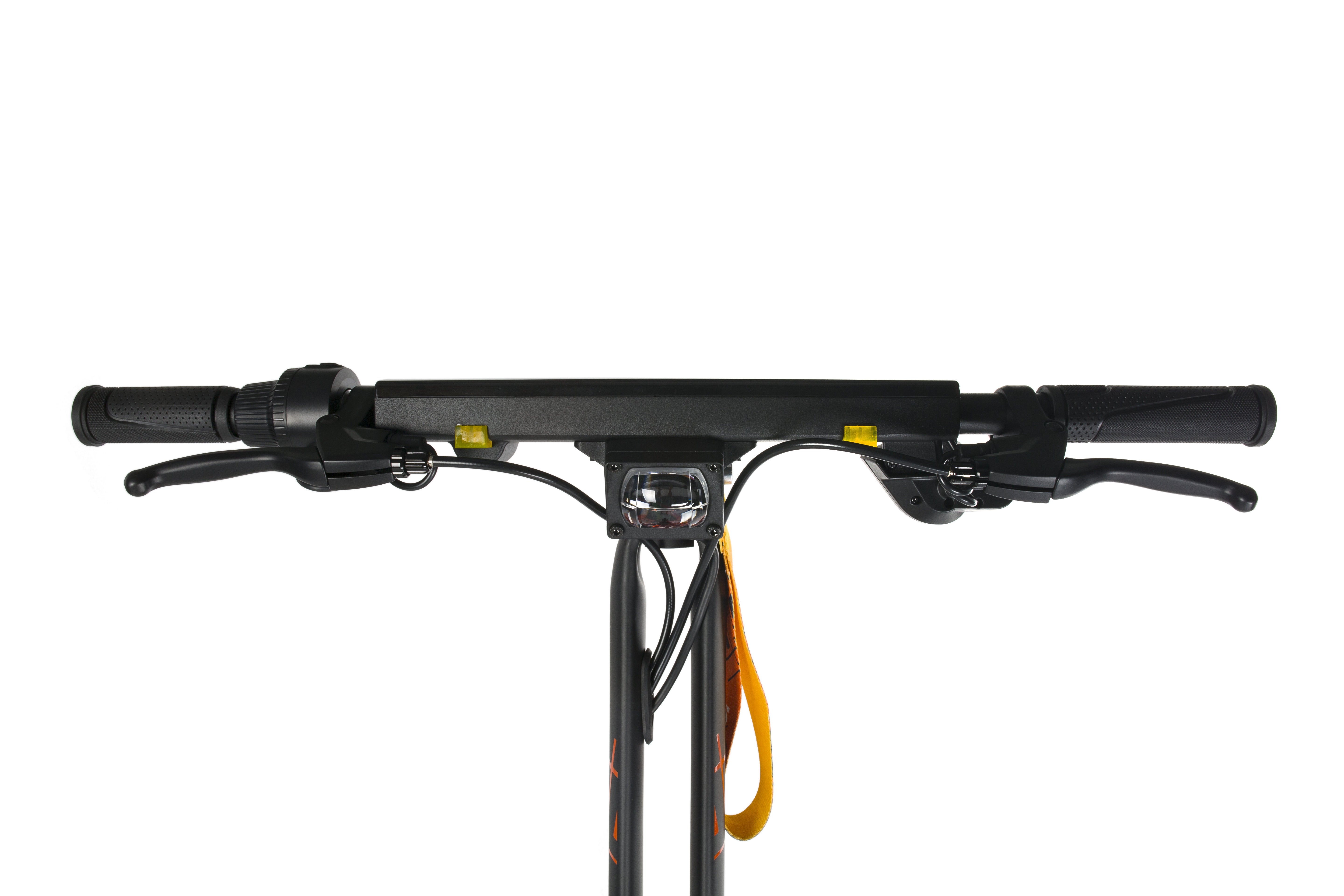 Close-up of a KuKirin G2 Ultra Electric Scooter handlebar with black grips and control buttons on a white background