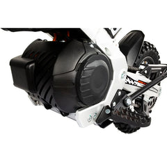 Close-up of a KuKirin X1 Electric Scooter Motorcycle engine and chain on a white background