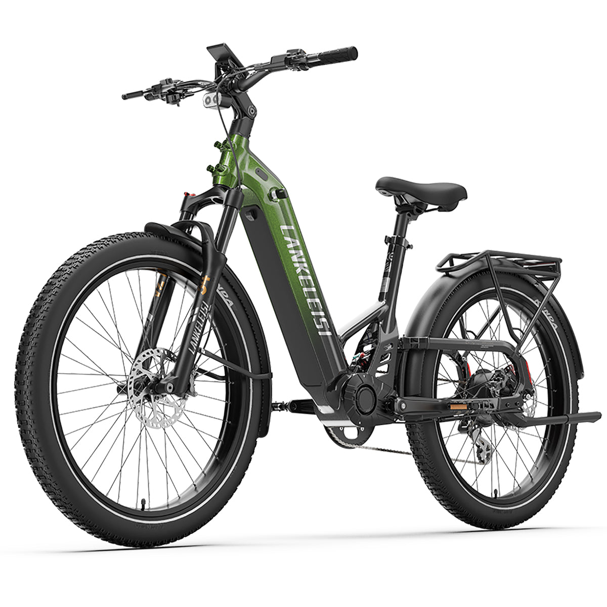 Green LANKELEISI KETT-8 Urban Electric Bike with black frame on a white background