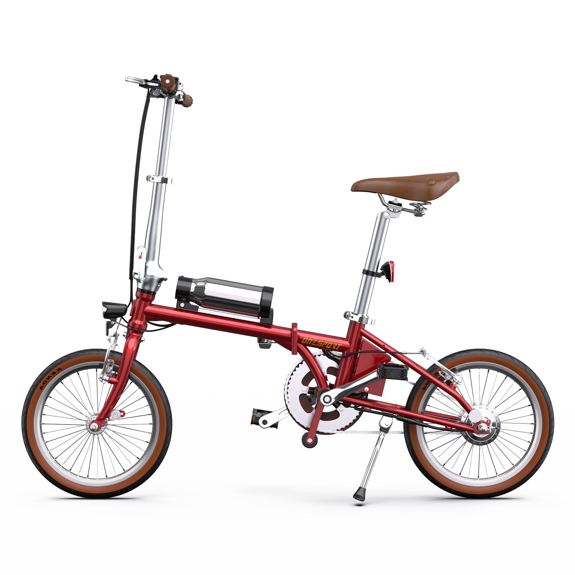 Red OneSport OT02 Compact Folding Electric Bike with a brown seat on a white background