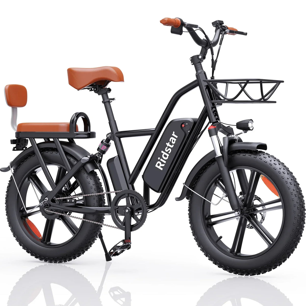 Black electric bike with brown seat and basket on a white background