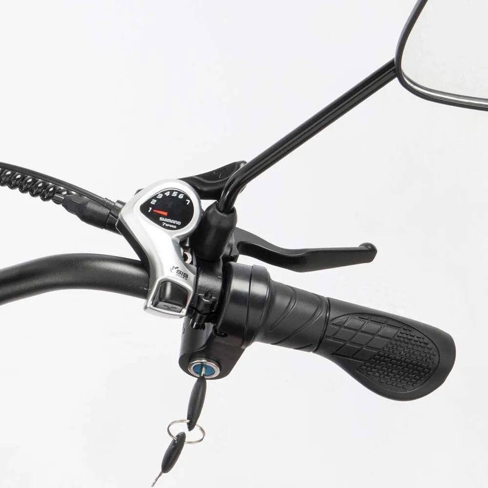 Gear View of Ridstar Q20 Pro Electric Cargo Bike with controls and mirror on a white background