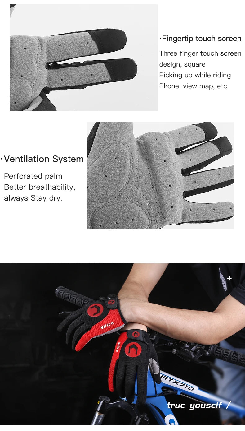Kyncilor Outdoor Bicycle Anti slip and Sweatproof Long Finger Gloves Breathable and Shock Absorbent Sports Mountain Bike Gloves
