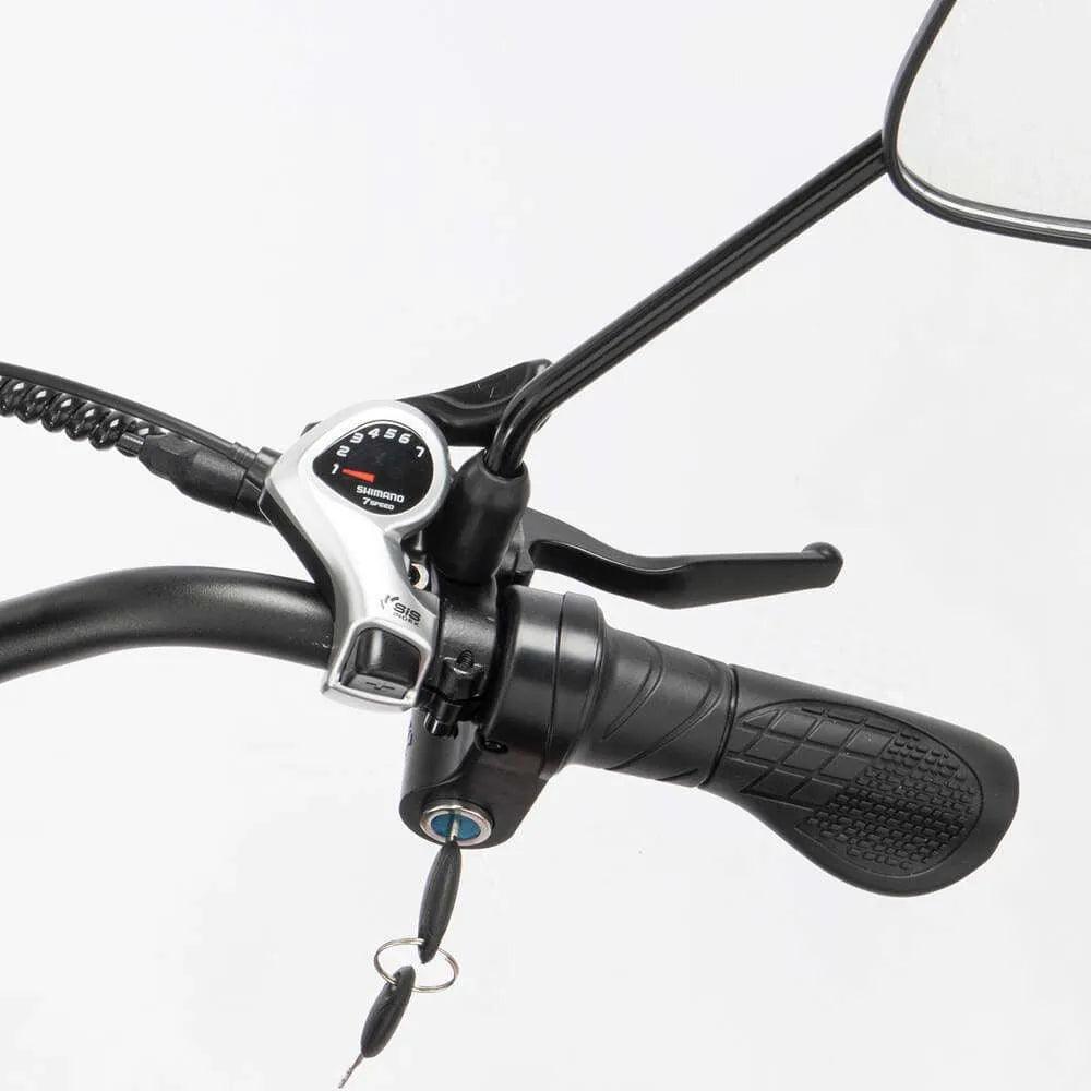 Close-up of a YVY C20 Max Electric motorcycle handlebar with Shimano controls and mirror on a white background