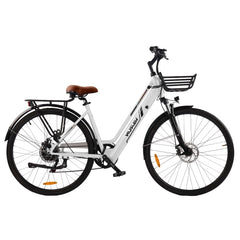 White VARUN C7008 Urban Electric bicycle with black frame, basket and wheels on a white background