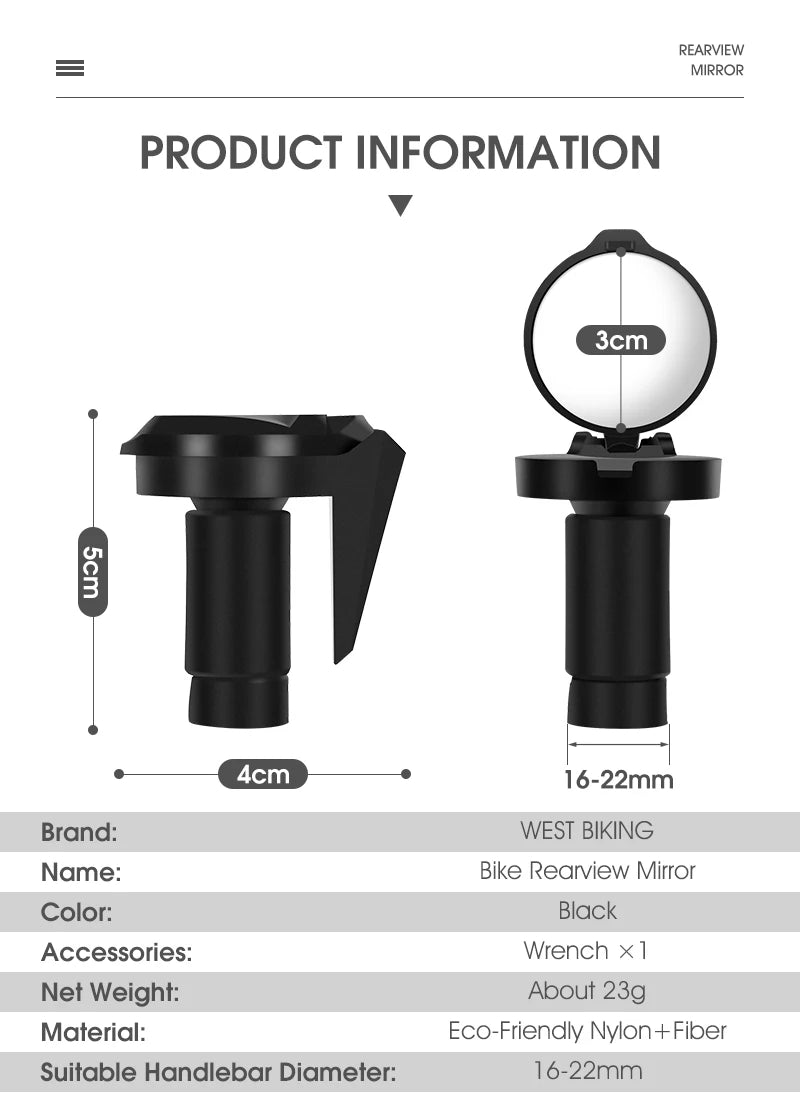WEST BIKING Bicycle Rear view Mirror  with dimensions and product information on a white background