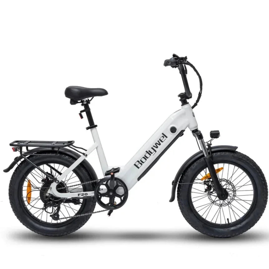A white Bodywel F20 City Electric bicycle with fat tires, black saddle, black handlebars, and black fenders, shown from a side profile on a white background.