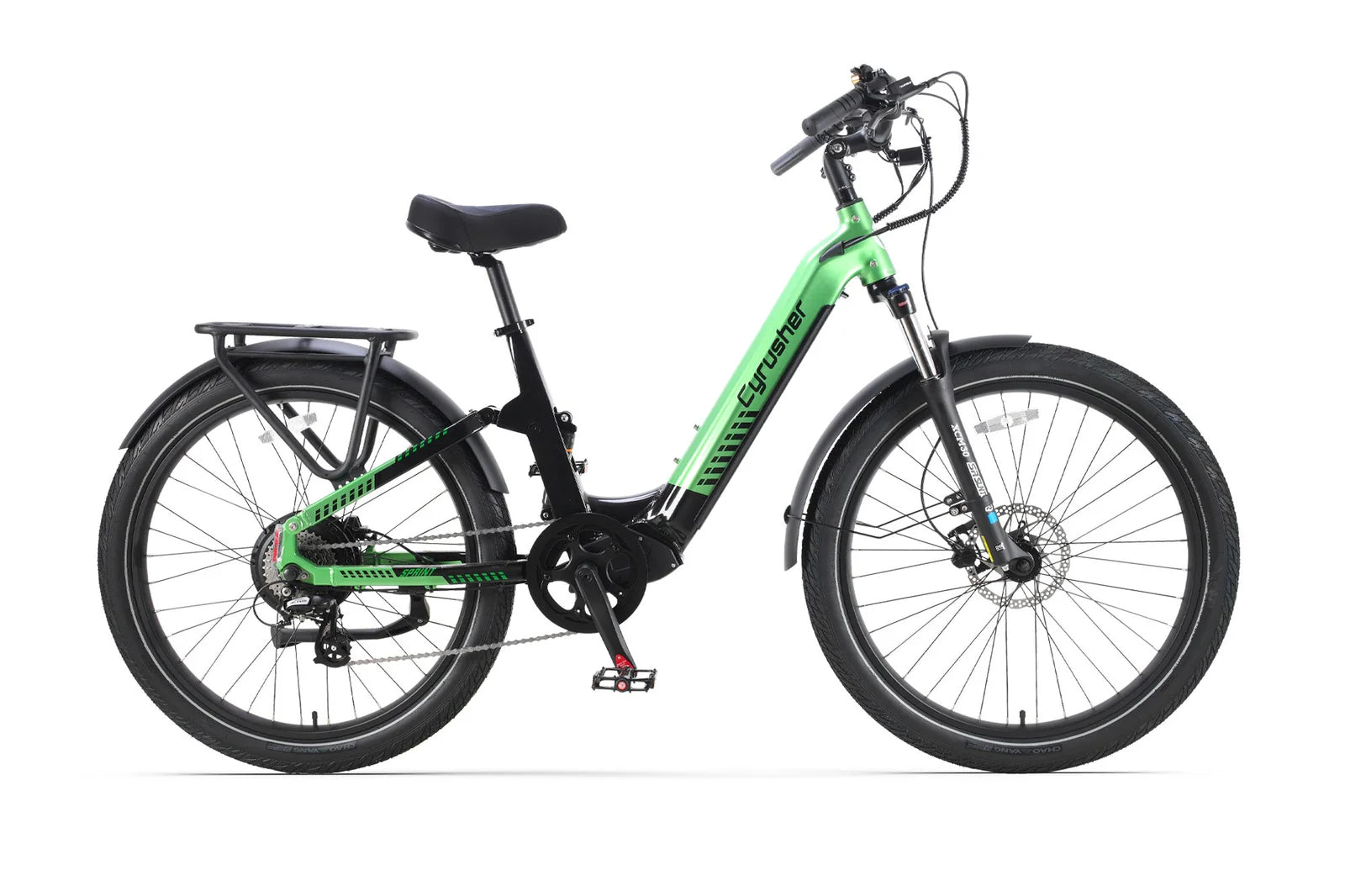 Cyrusher Sprint Electric City Bike in green on a white background - Pogo Cycles, Ireland