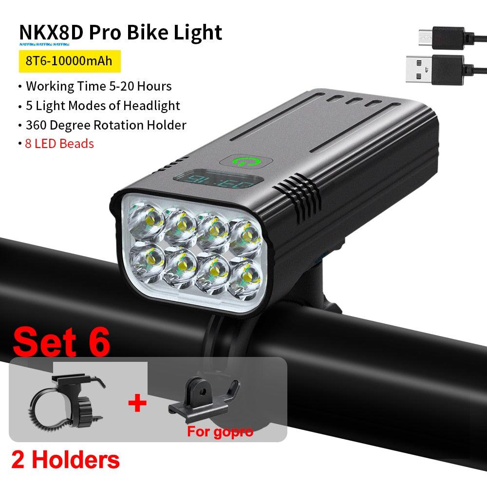 NATFIRE 10000mAh Bicycle Light Digital Battery Indicator USB Rechargeable Bike Light Set with 3 Holders 7000LM 8 LED Flashlight - Pogo Cycles