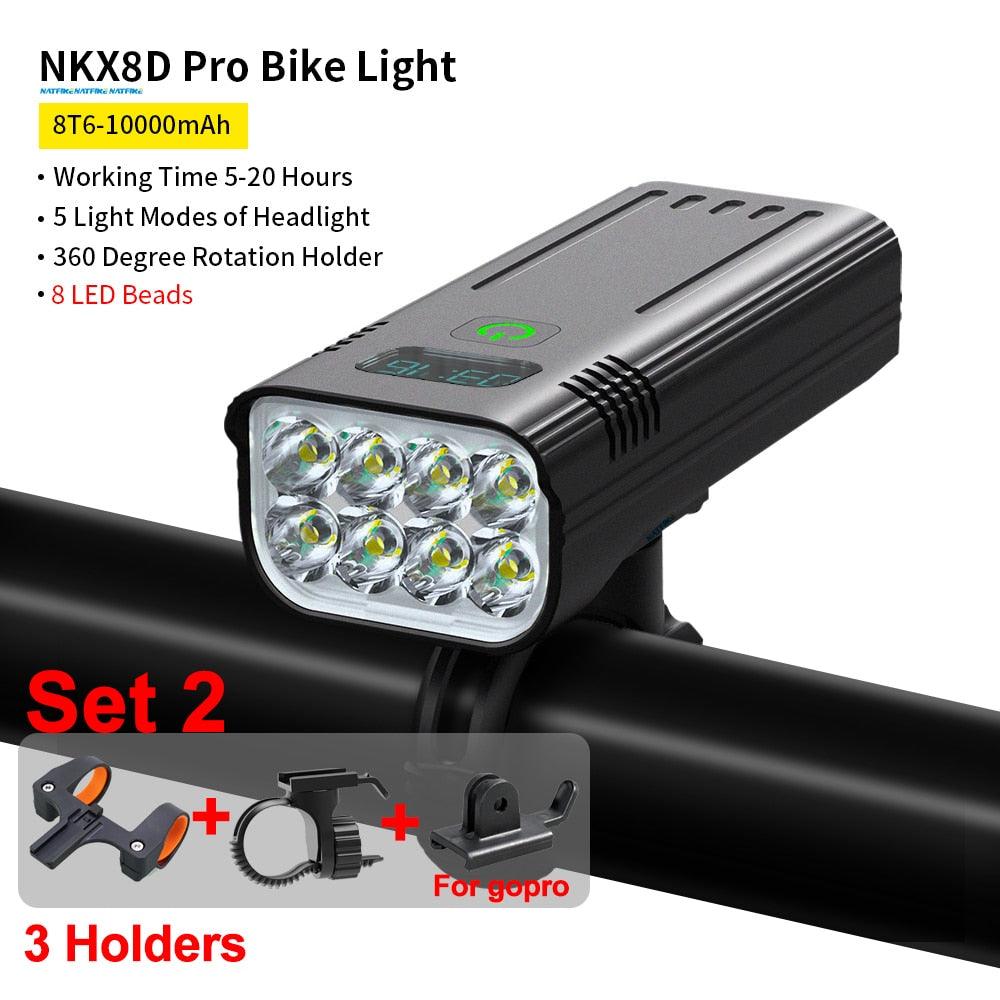 NATFIRE 10000mAh Bicycle Light Digital Battery Indicator USB Rechargeable Bike Light Set with 3 Holders 7000LM 8 LED Flashlight - Pogo Cycles