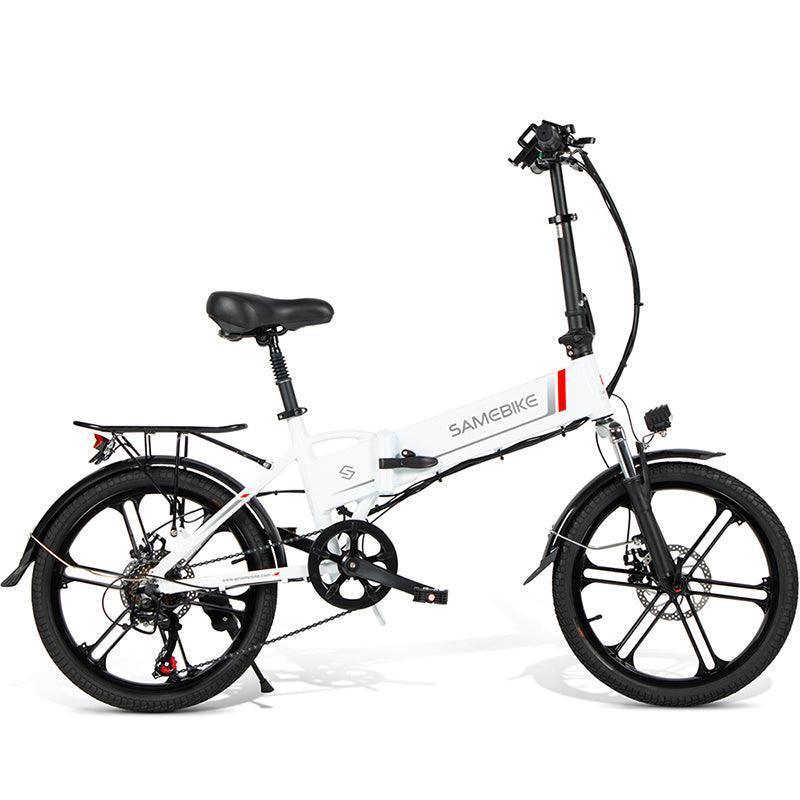 SAMEBIKE 20LVXD30 II white electric bike side view with rear rack and black wheels